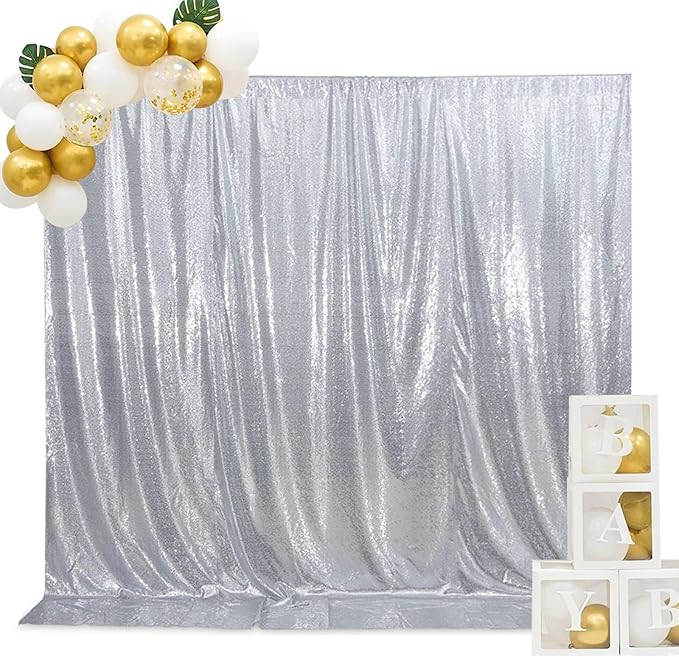 SquarePie Sequin Backdrop Opaque Non-Transparent Background Sparkly Curtain for Wedding Party 8FT x 8FT Silver