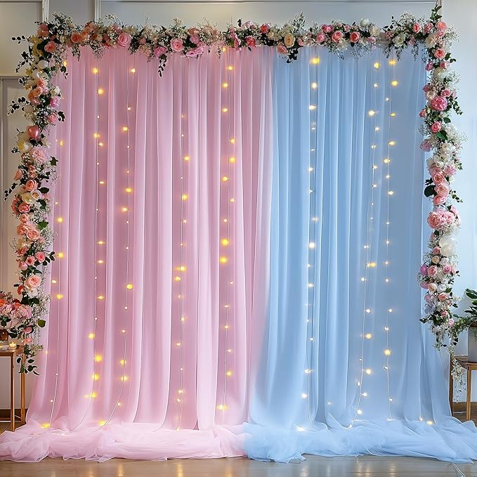 10×10ft Pink Blue Tulle Backdrop Curtain with Lights String for Parties, Sheer Photo Backdrop Curtains for Wedding Party Photography Background