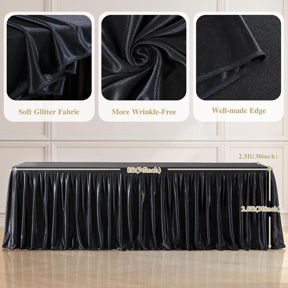 8 Pack 8ft Black Satin Tablecloths for Rectangle Tables Spandex Table Cover