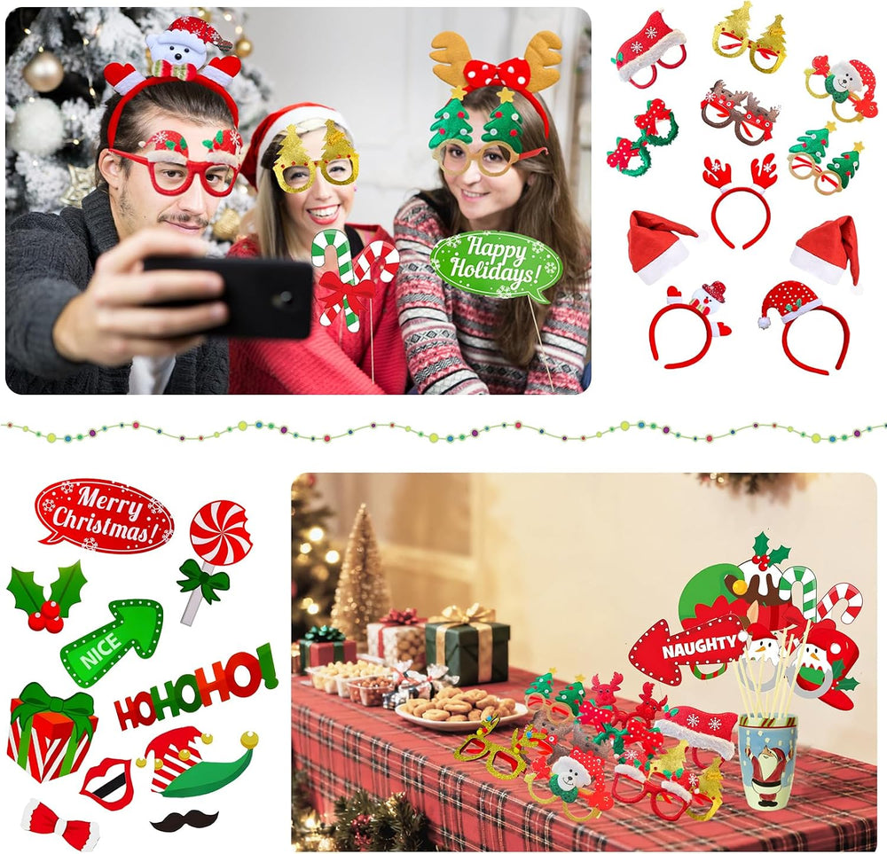 52 Pcs Christmas Photo Booth Props Kit, 20Pcs Glitter Eyeglasses Frame Hats H...