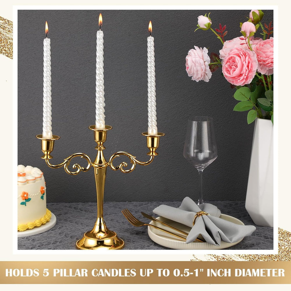 Dandat 3 Pcs 3 Arm Metal Candelabra Candle Holder, Classic, 10", Gold