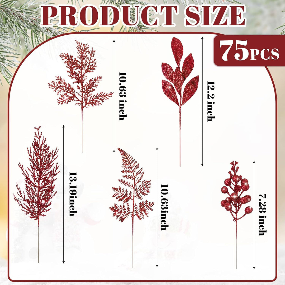 moucuny 75pcs christmas glitter picks, artificial stems, red shown in use