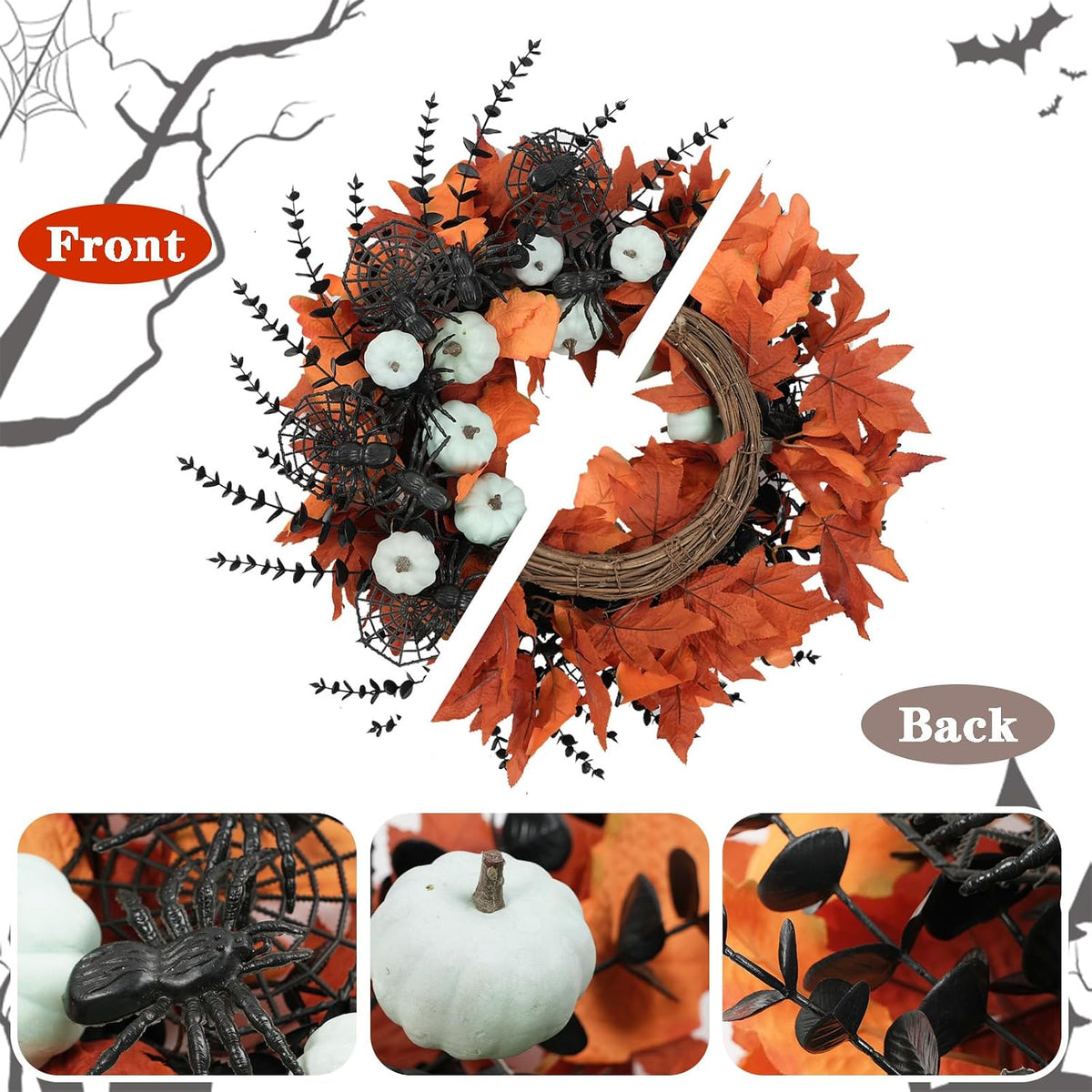 idyllic 24" halloween wreath pumpkins maple black spiders, close-up detail