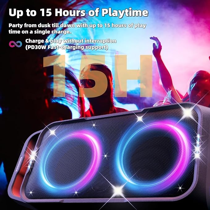 Portable Bluetooth Speaker: 240W Peak Powerful Loud Sound Deep Bass Wireless Boombox Large Subwoofer 15 Hours Battery Life Fast Charging with Led Light Show for Party Outdoor Camping Backyard