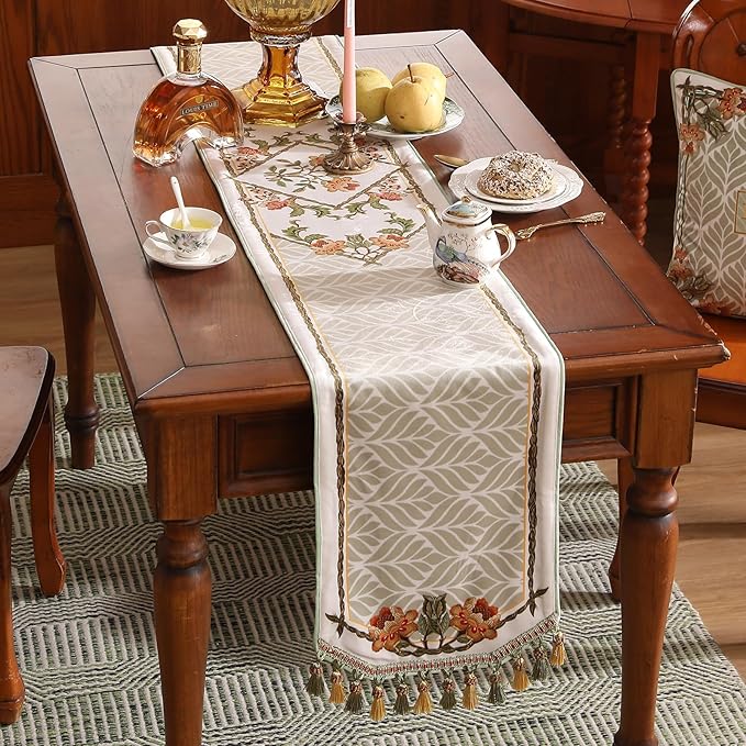 patdrea Designer French Floral Extra Long Velvet Table Runner 118 Inch Long,Green Orange Blossoms Pattern Table Mat, Decor for Kitchen Dining Coffee Table Cabinet Banquet Thanksgiving,16"*118"