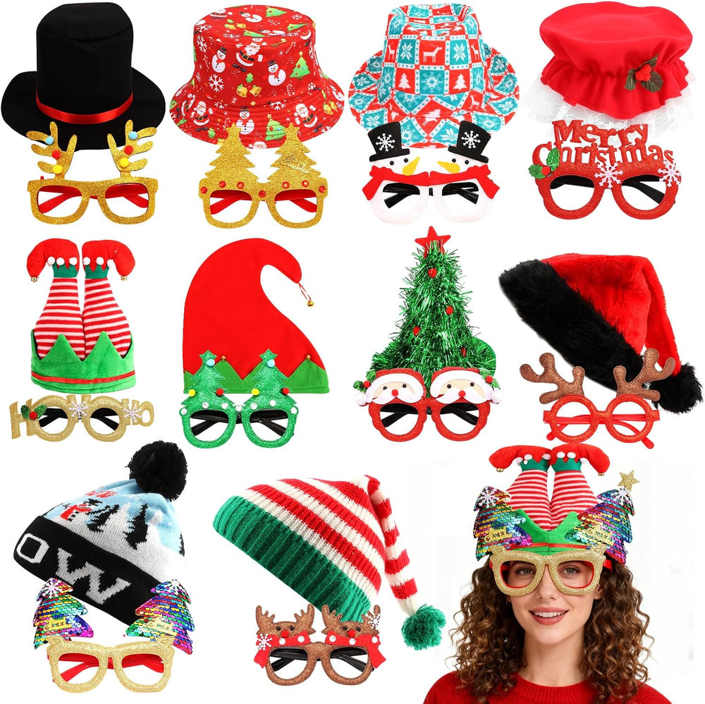 20pcs Christmas Hats and Glasses Set, 10pcs Xmas Hats, 10pcs Xmas Glasses, Cr...