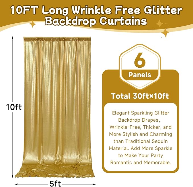 leegleri 30x10ft Thick Gold Glitter Backdrop Curtain Panels for Parties, Wrinkle Free Sparking Sequin Backdrop Drapes, 6 Panels 5x10ft Shimmer Photo Back Drop Cloth for Wedding Birthday Photography