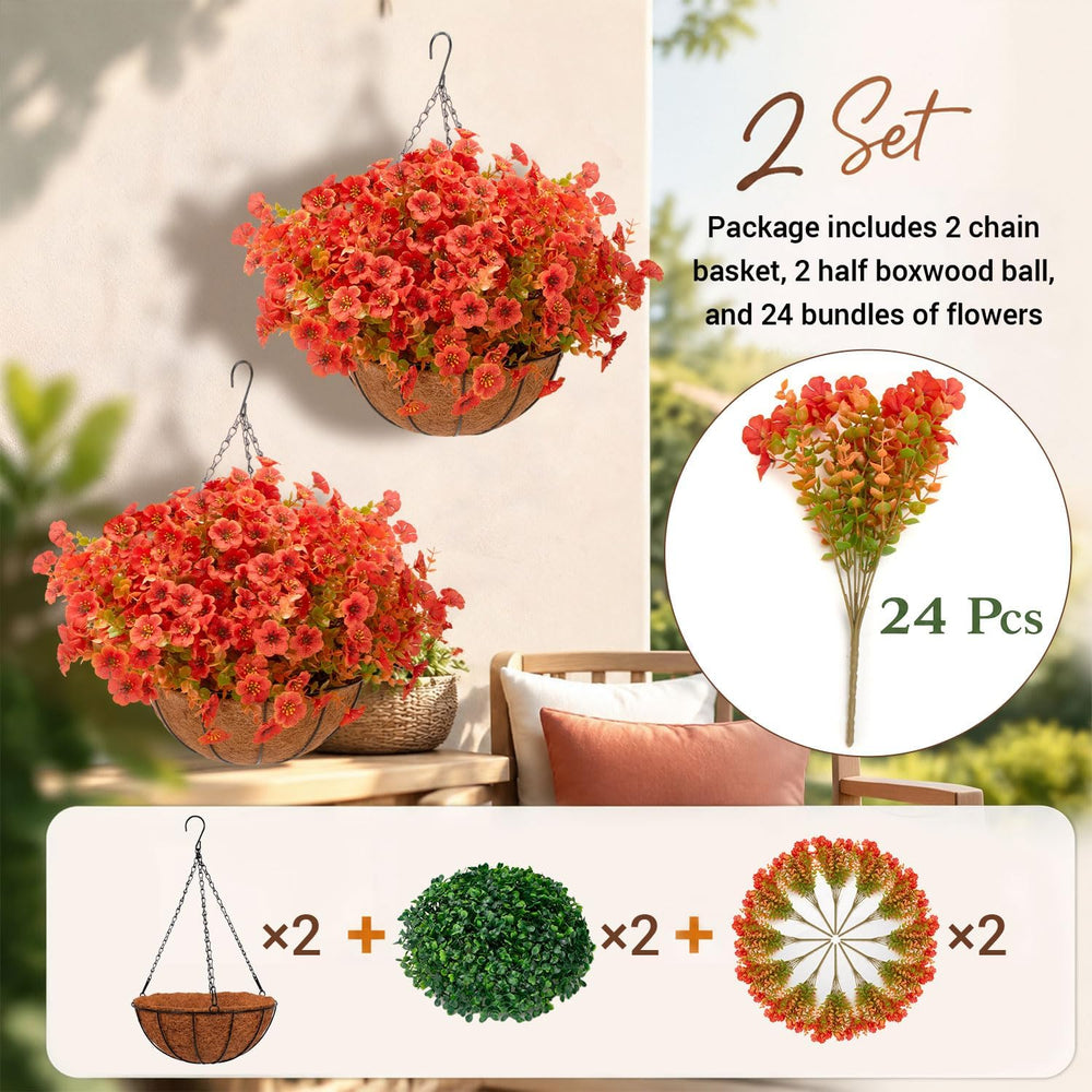 Artificial Outdoor Flowers with Hanging Baskets, 24pcs Fake Fall Mums Flower ...