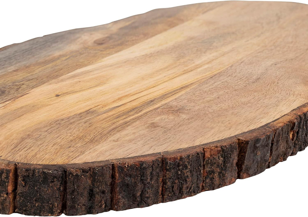 gocraft oval wooden cutting board with tree bark, close-up detail