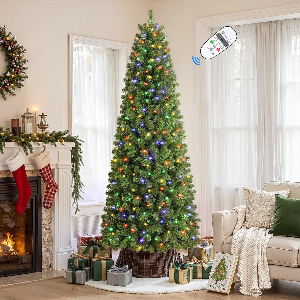 SHareconn 7.5ft Prelit Pencil Hinged Christmas Tree with Multi-Color Lights