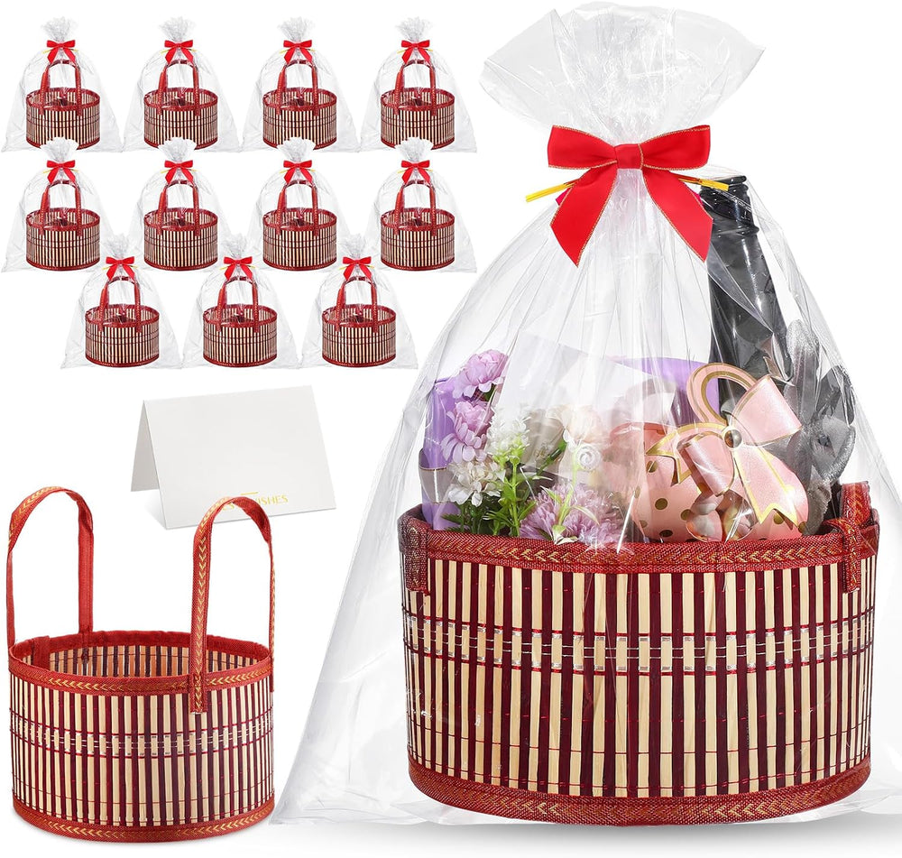 12 Set Empty Gift Baskets to Fill for Raffle, Bamboo, Red