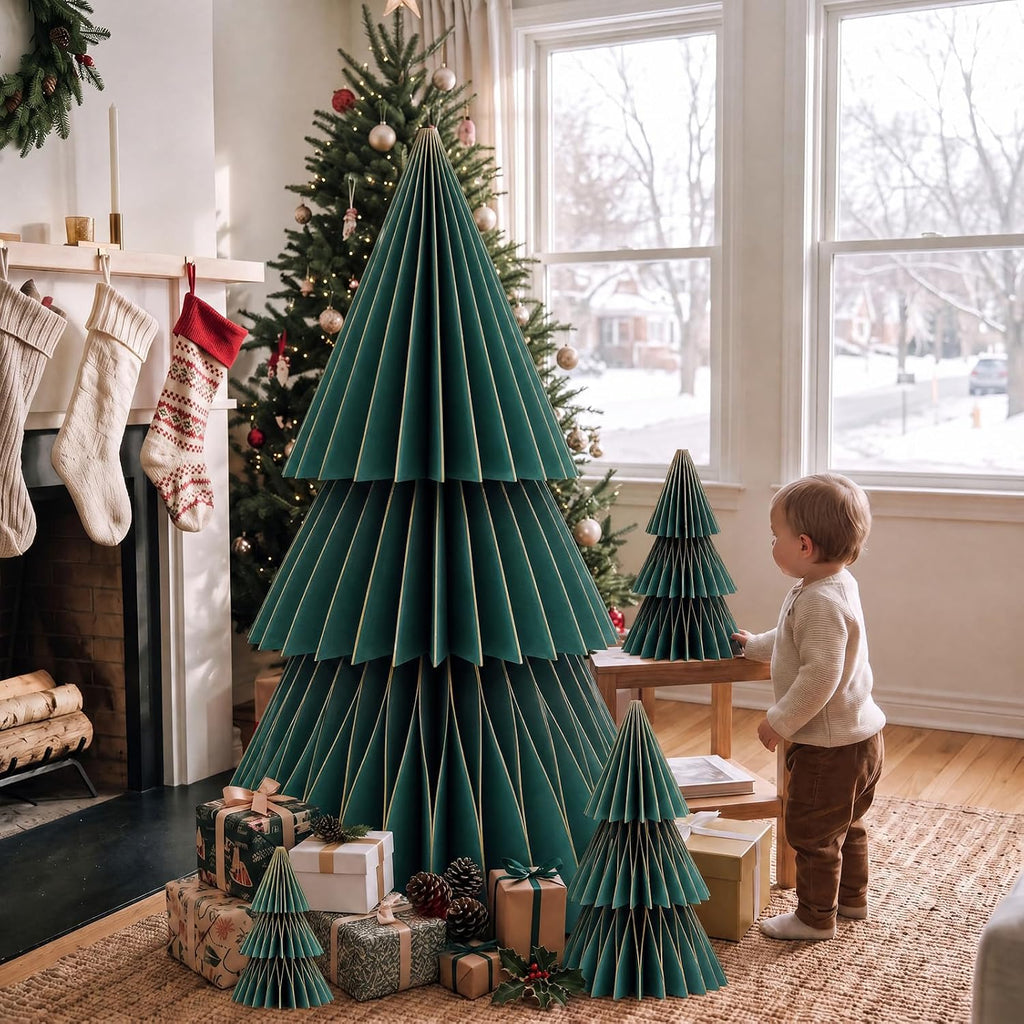 GlikCeil 4 Set Large Honeycomb Paper Christmas Tree Tall, Green