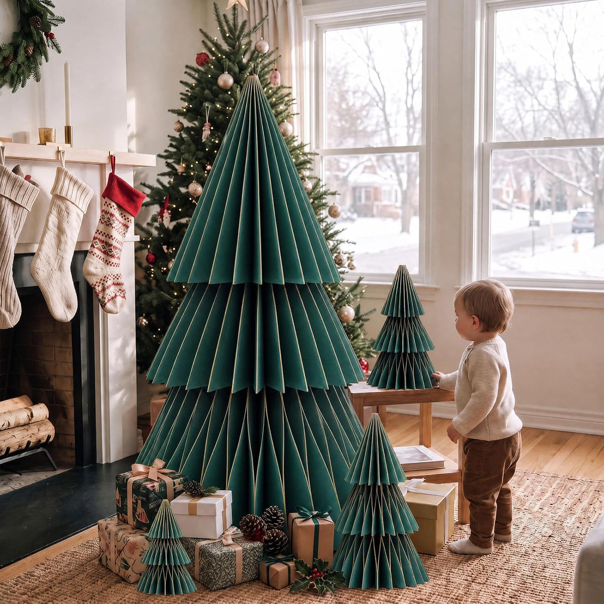 GlikCeil 4 Set Large Honeycomb Paper Christmas Tree Tall, Green