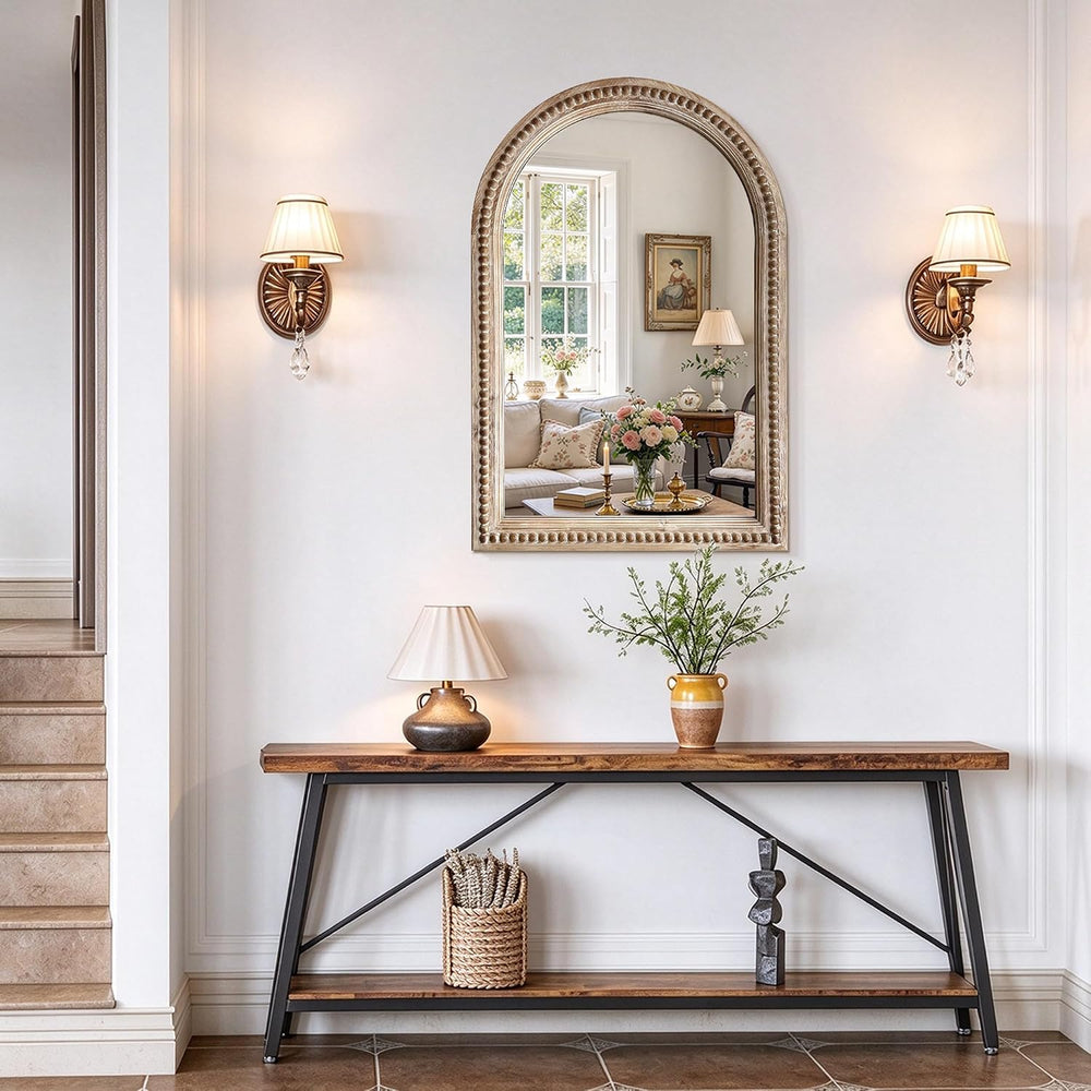 36x24 Inch Arched Wood Beaded Wall Mirror, Bathroom Vanity Farmhouse Mirror