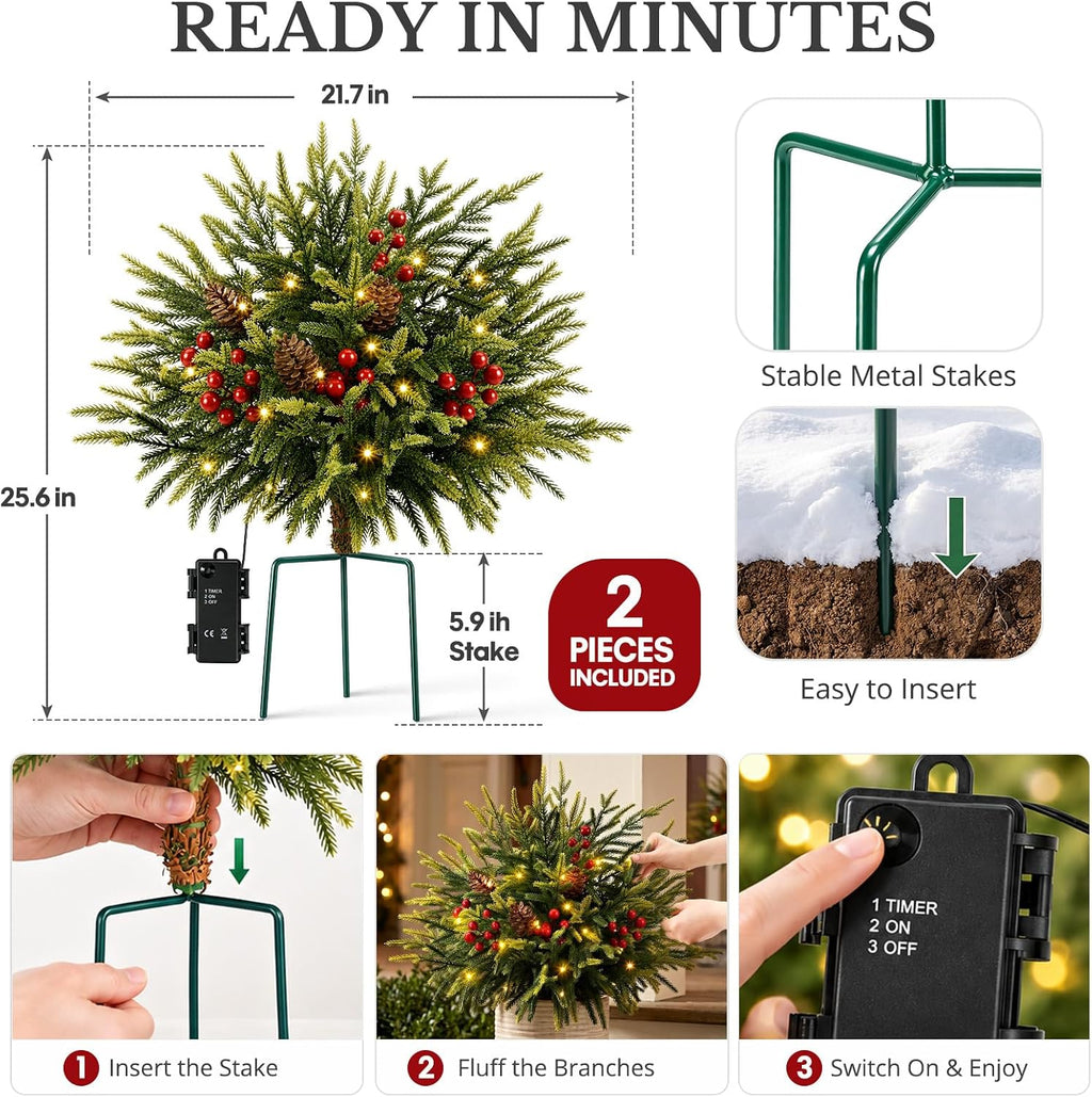 2 Pack 25.5 Inch Outdoor Lighted Christmas Trees, Yard Holiday Decor