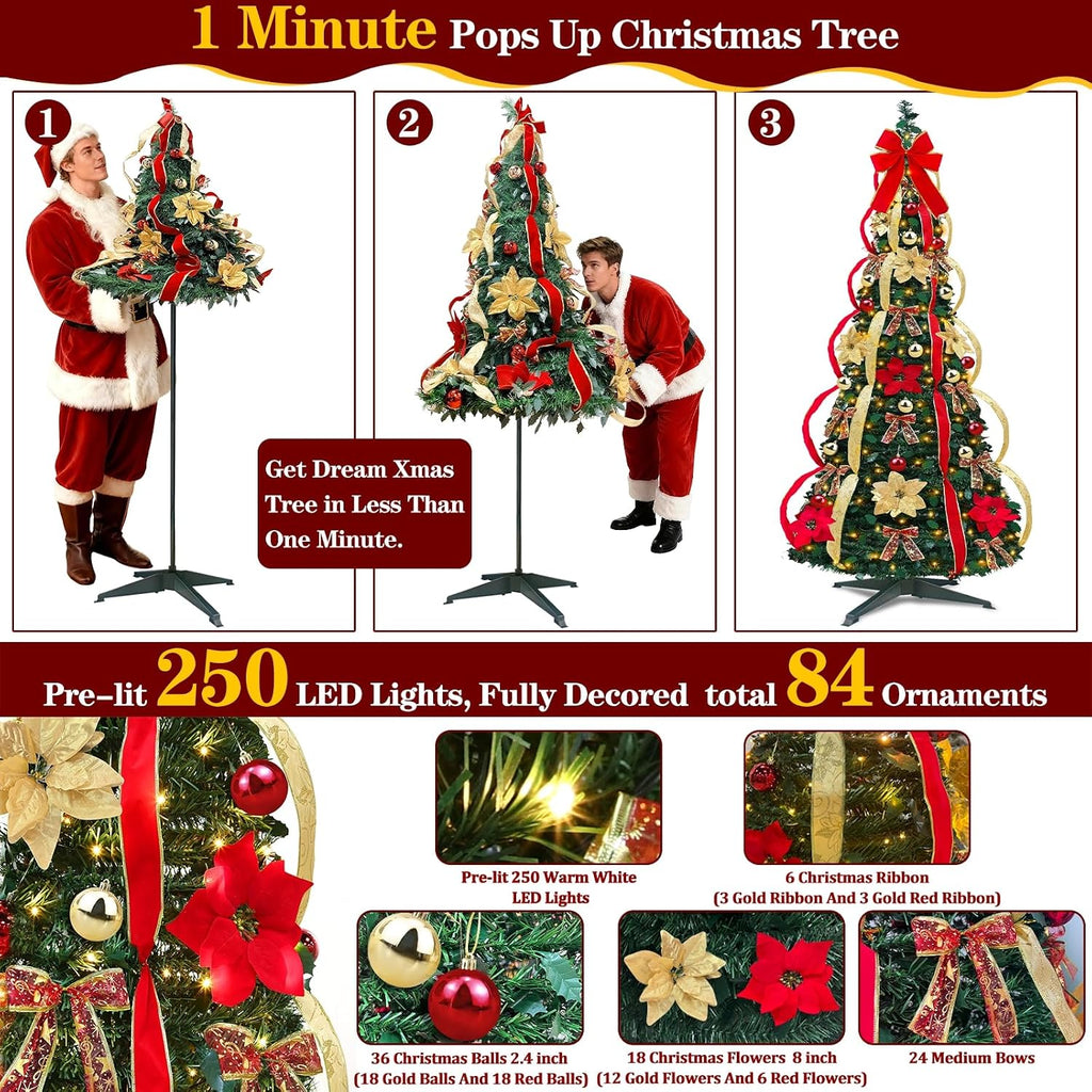 7 FT Prelit Pop Up Christmas Tree 250 Warm White LED Lights Xmas Decoration