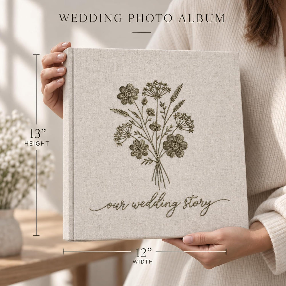 Embroidered Wedding Photo Album 4x6 Pictures, Large Linen Floral Scrapbook