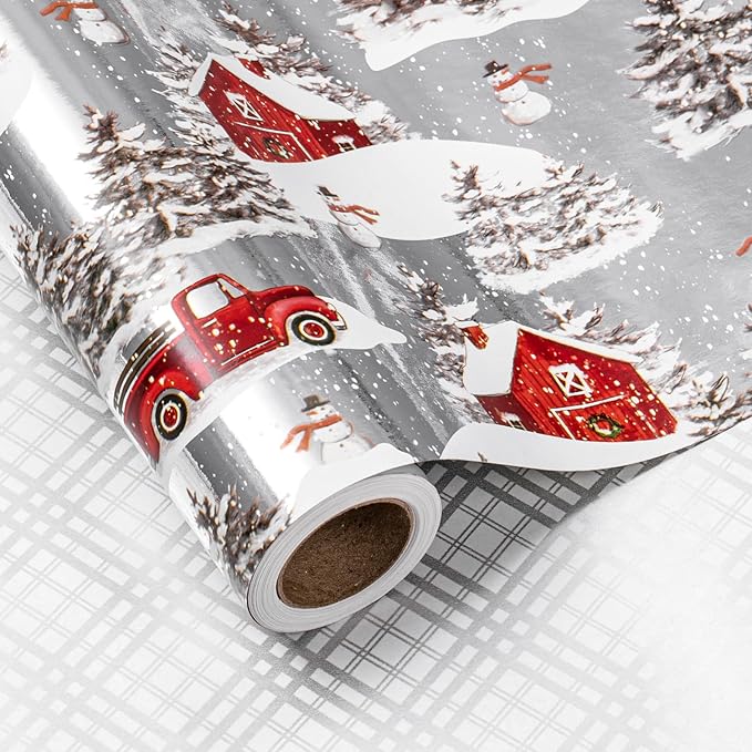 LeZakaa Christmas Silver Wrapping Paper Jumbo Roll for Boy Kid, Red Truck, Snowy Pine Forest & Grid Plaid, Silver Foil Reversible Design for Winter Holiday Family Gathering, 30 inches x 100 Feet