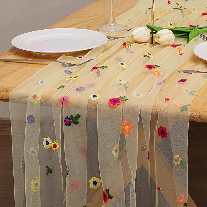 BINBE 6pcs Daisy Fall Table Runner Embroidery Gauze 10FT Florals Seasonal Tulle Holiday Birthday Kitchen Dining Table Decor for Home Party Yellow