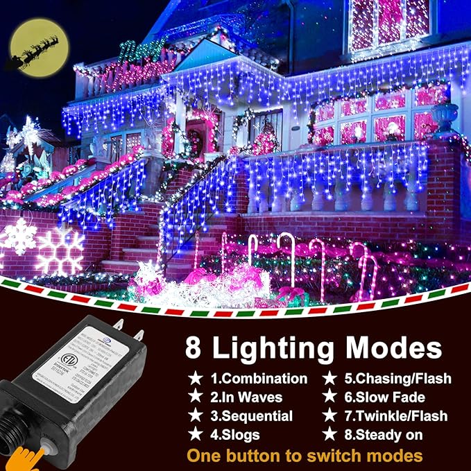 Christmas Lights Outdoor Decorations 1216 LED 99ft 8 Modes Curtain Fairy String Light with 228 Drops, Clear Wire LED String Light Indoor Decor for Wedding Party Holiday Christmas Decoration Blue