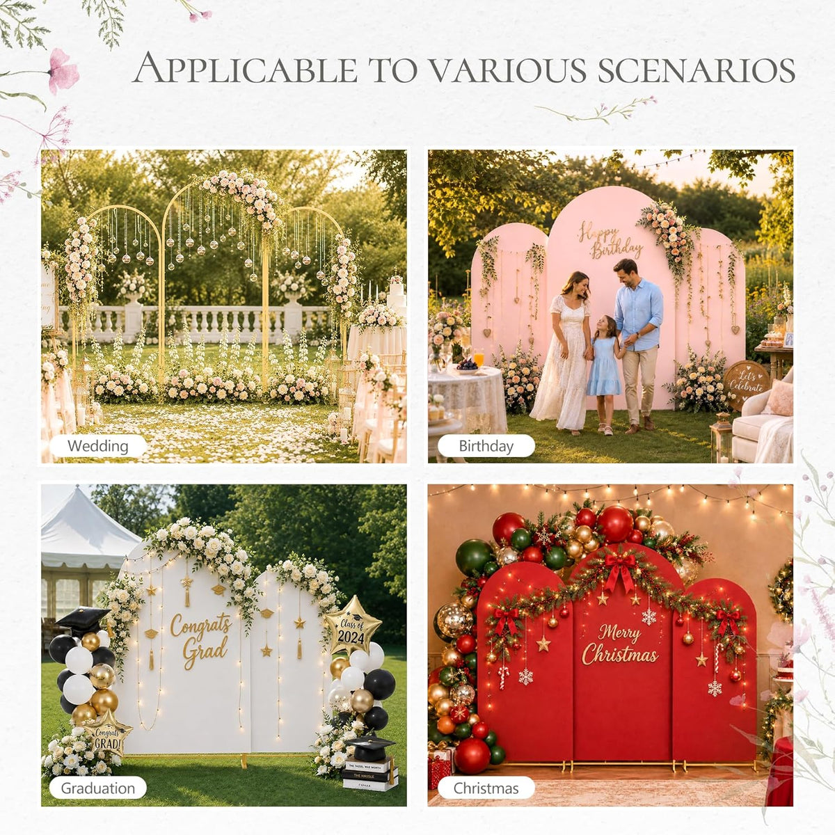 3 Pack Arch Backdrop Stand (4FT/5FT/6FT), Metal Arch Frame Stand with Cover