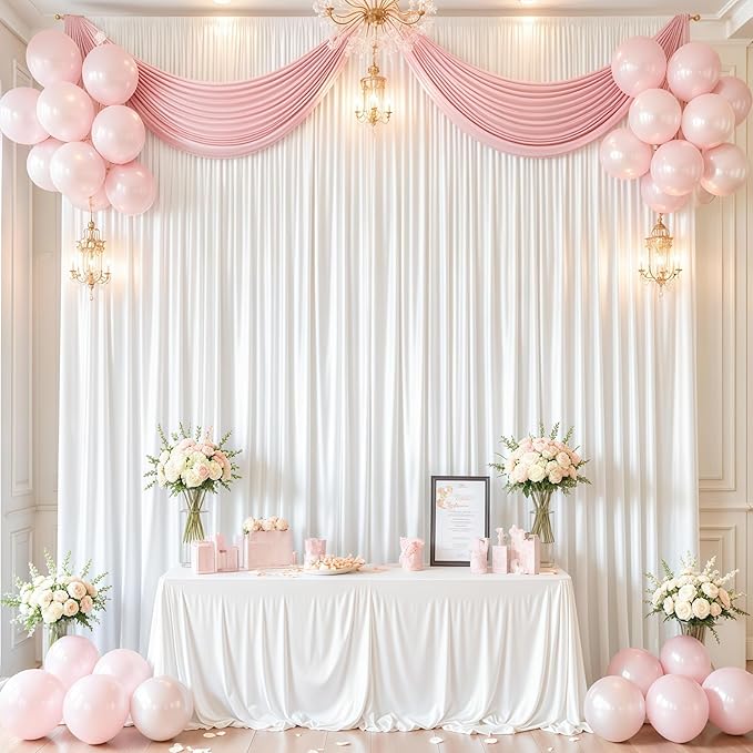 White Satin Backdrop Curtains 2 Panels - Glitter Photo Drapes for Baby Shower, 10x10FT Shimmer Back Drop Cloth, Wrinkle Free for Birthday Party Prom Wedding Stage Background