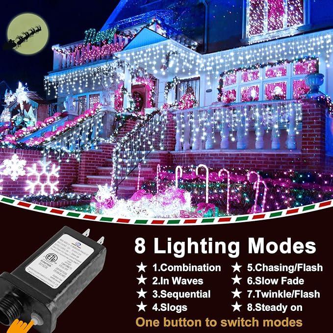 KNONEW 99FT 1216 LED Christmas Lights Outdoor Decorations 8 Modes White Curtain String Light with 228 Drops, Clear Wire LED String Light Indoor Decor for Wedding Party Holiday Christmas