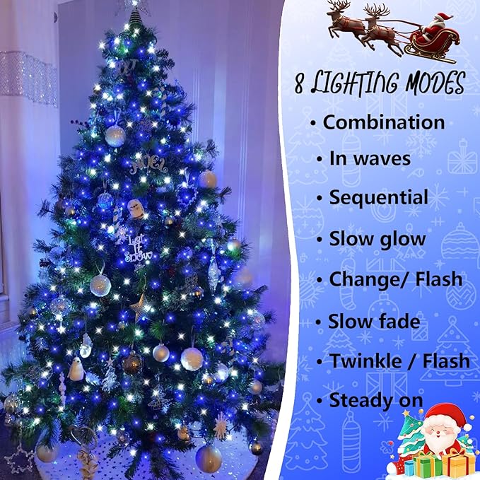 YEGUO 165ft 500 LED Christmas Lights Outdoor Waterproof, Blue and White String Light Indoor, 8 Modes Green Wire Twinkle Tree Lights Plug in with Memory Timer