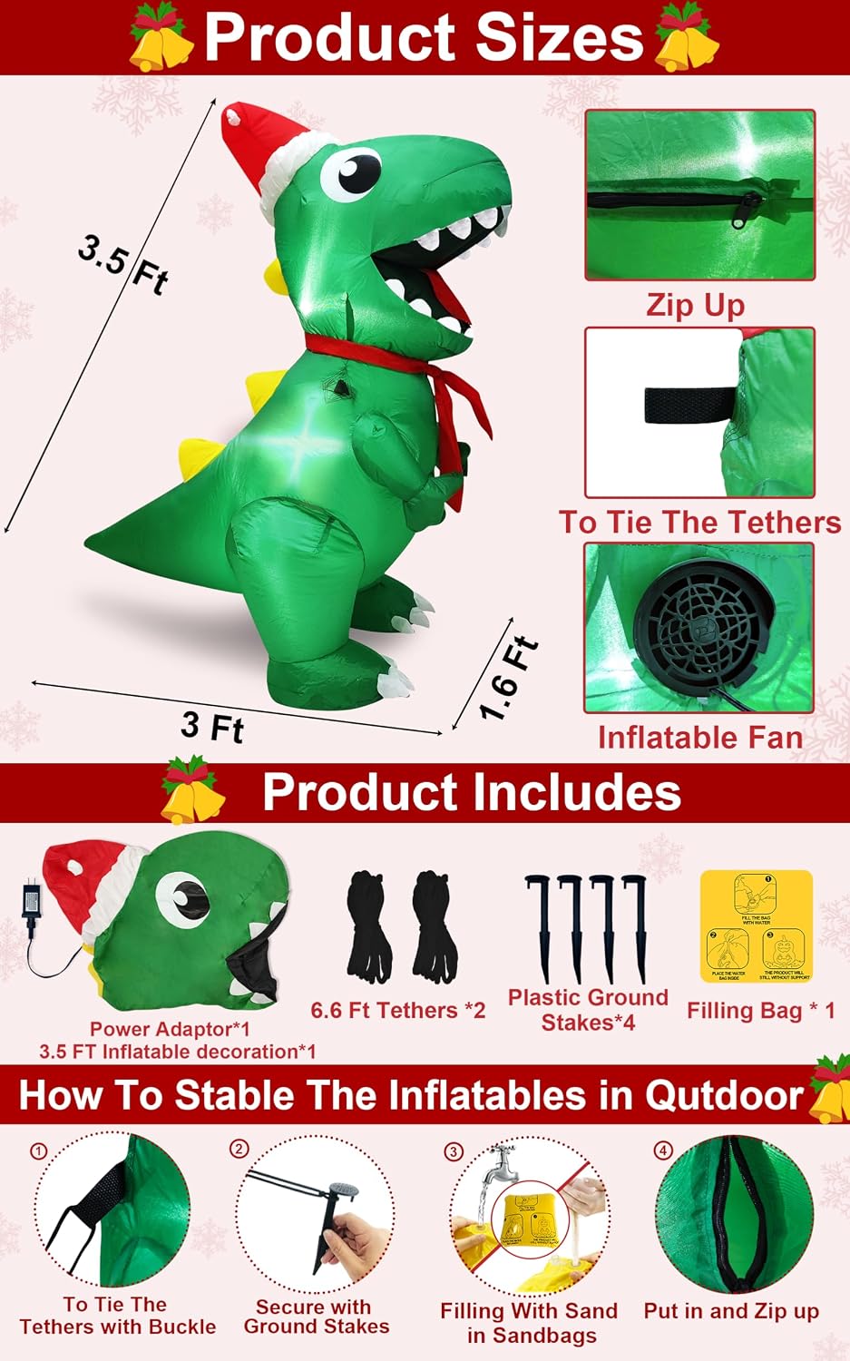 turnmeon 3.5 ft dinosaur christmas inflatable outdoor decoration shown in use