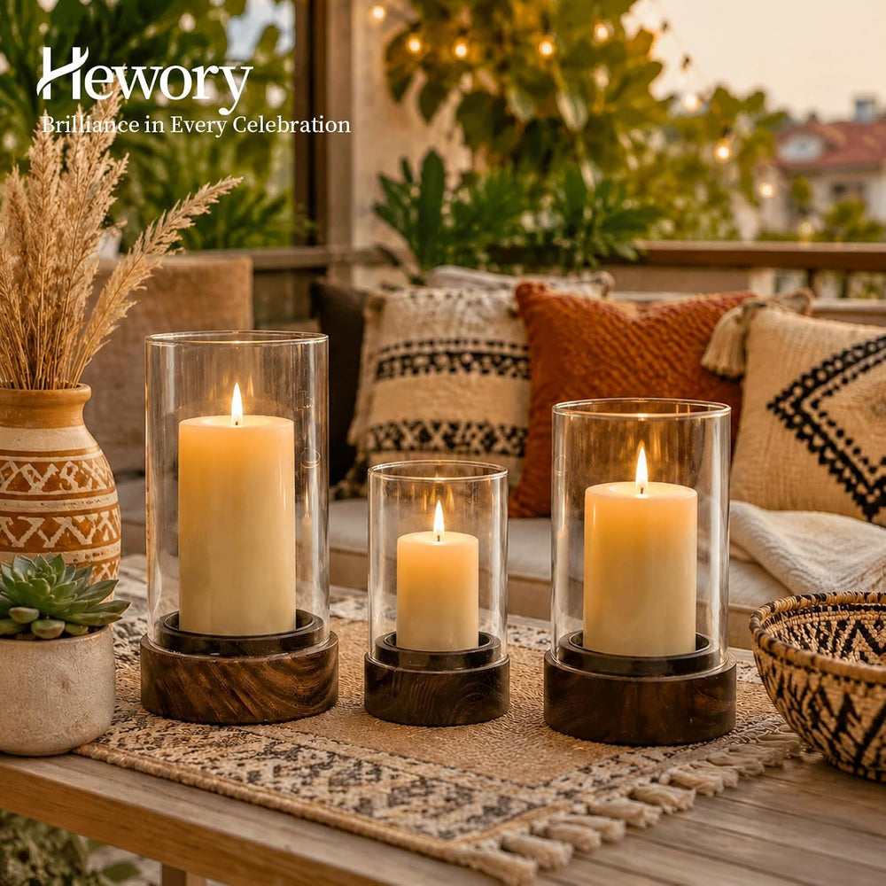 Hewory Hurricane Glass Candle Holders: 3PCS Wooden Brown Candle Holders