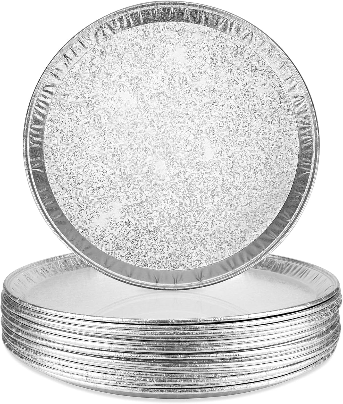 15 Pack Disposable Pizza Pans 14IN, Large Aluminium Foil Serving Platters/Trays for Parties, Silver Embossed Foil Serving Dishes/Plates for Vegetable, Fruit, Slices of Cake, Cookies