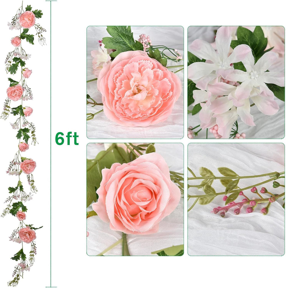 2 Pack Artificial Peony Garland Flowers, 12ft Floral Greenery Garland Rose Fl...