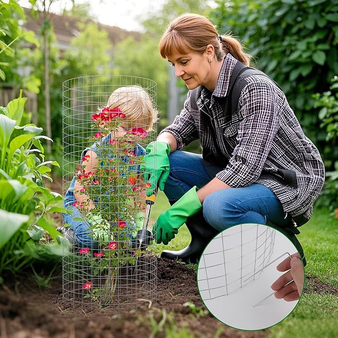 winemana 12 Set Garden Plant Protector Cage, 24x12 in Metal Wire Protectors for Plants, Protection Cages with Stakes & Nylon Ties, Animals Barrier to Keep Rabbit & Chicken Away from Flower Vegetables (36 Pcs)