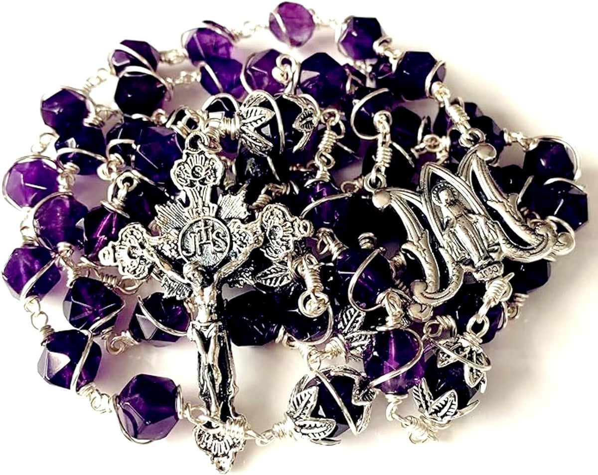 elegantmedical handmade amethyst rosary beads necklace 925 sterling, side view