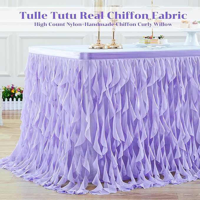 PARTISKY Lavender Purple Tulle Curly Willow Table Skirt for Rectangle Table 6ft, Ruffle Tutu Table Cloth for Girls Boys Baby Shower,Mermaid Birthday Party