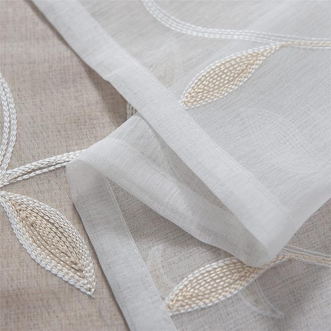 VISIONTEX White Sheer Voile Curtains, Decorative Beige Leaves Embroidery Faux Linen Rod Pocket Window Drapes for Home Kitchen, Living Room and Bedroom 54 x 84 Inch, Set of 2 Curtain Panels