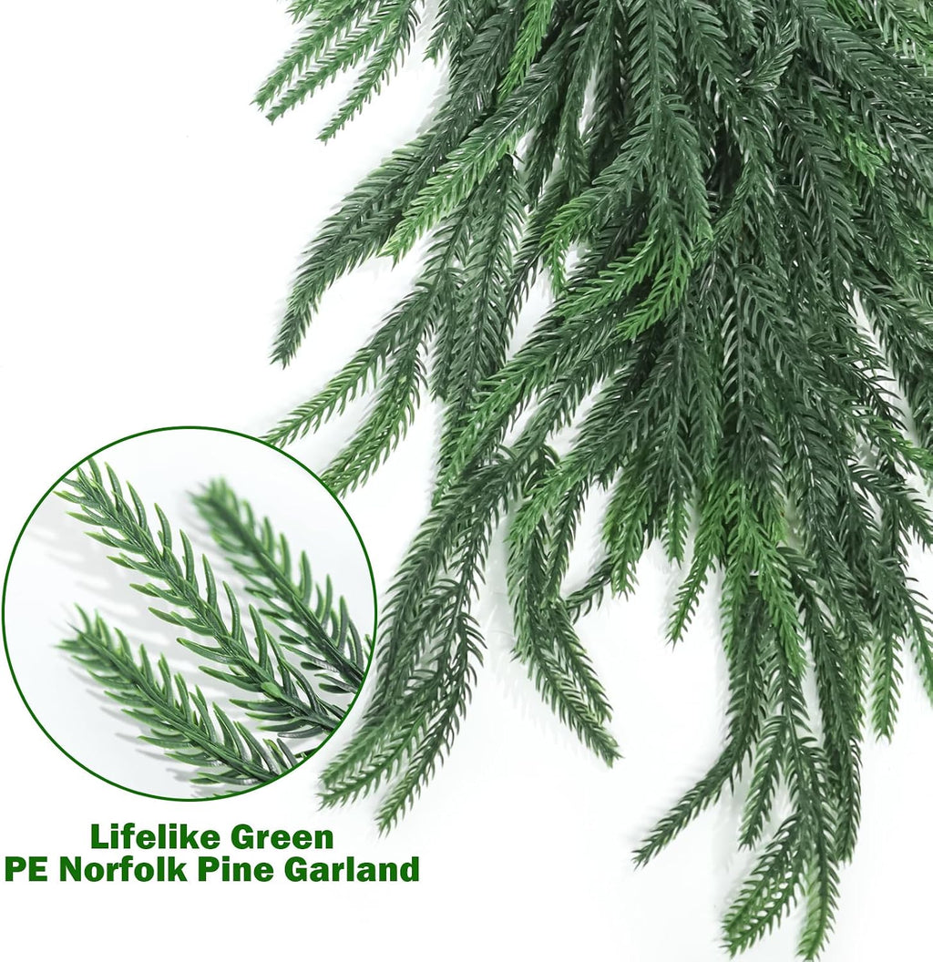 2 Pcs 9FT Artificial Norfolk Pine Garlands, Real Touch Thick Christmas Norfolk Greenery Garland for Mantle Banister Dinner Table Decor