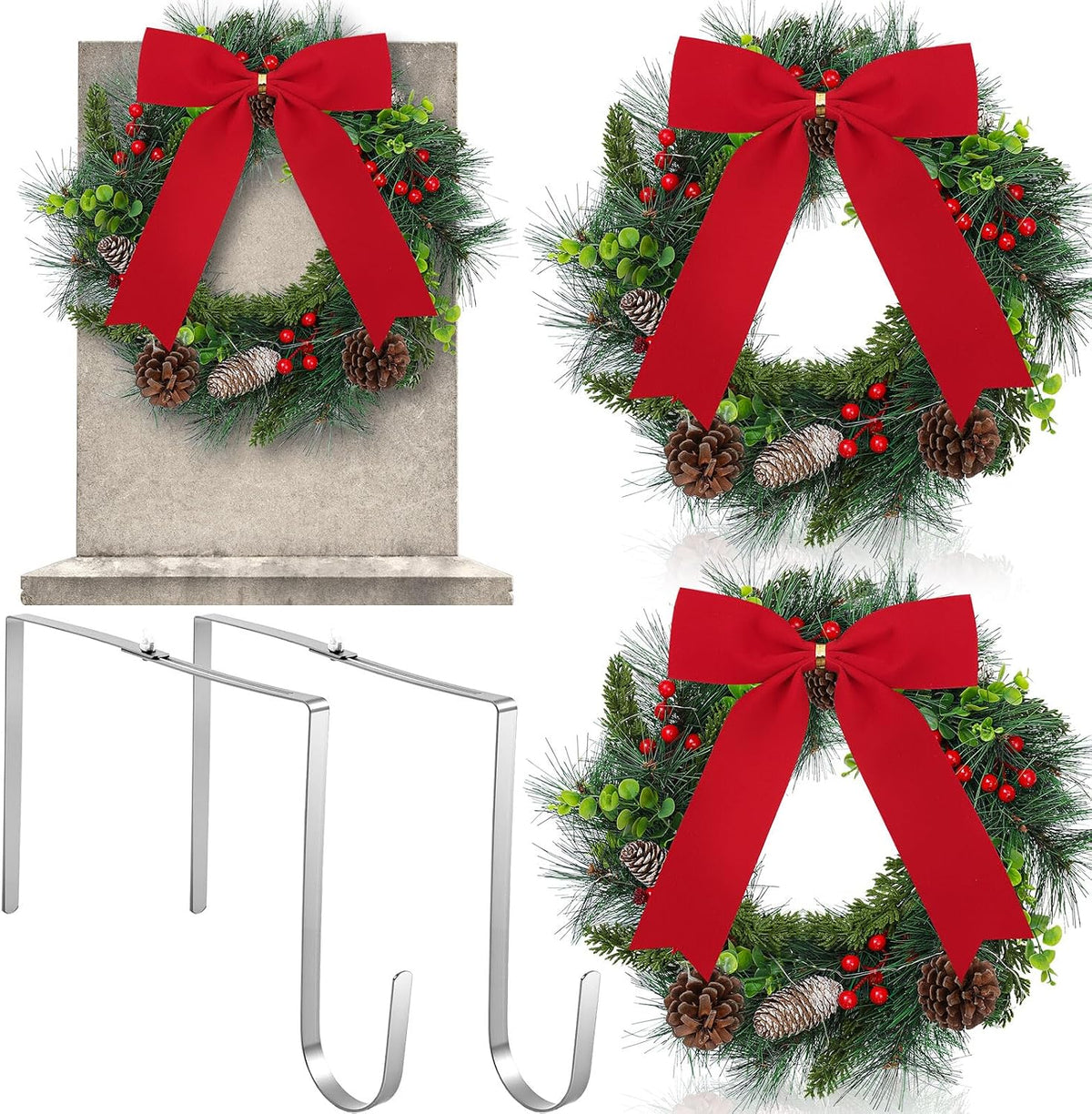 Yuntau 2 Sets Christmas Memorial Cemetery Wreath for Graves Kit Include 2 Pcs 15.8" Gravestone Wreaths 2 Pcs Wreath Hangers for Headstone Adjustable 6"- 11" Winter Xmas Tombstone Decor(Pine)