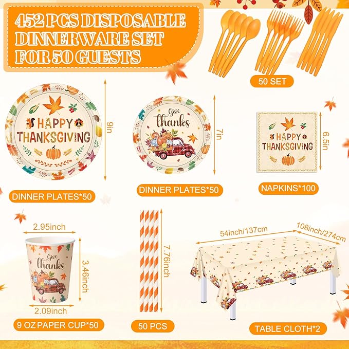 452 Pcs Happy Thanksgiving Party Decorations for 50, Pumpkin Leaves Turkey Give Thanks Paper Plates Napkins Cups Tablecloth Cutlery Straws for Fall Harvest Thanksgiving Theme Party Supplies