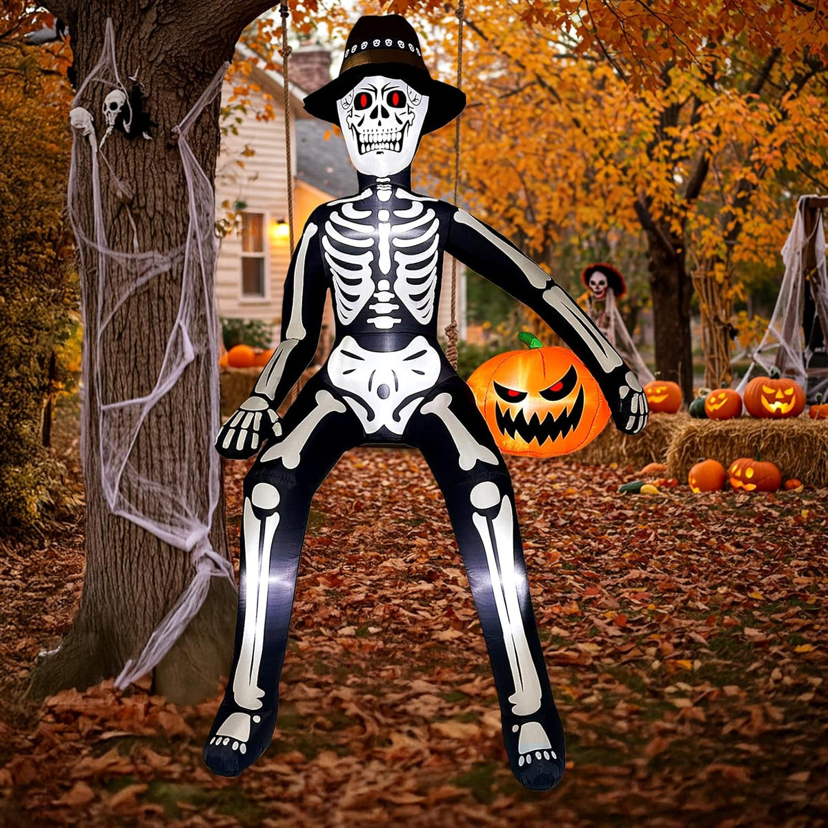 10ft scary halloween inflatables outdoor, giant sitting skeleton, side view