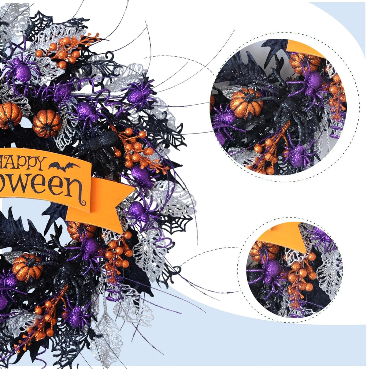 22 Inch Halloween Glitter Pumpkin Spider Wreath for Front Door