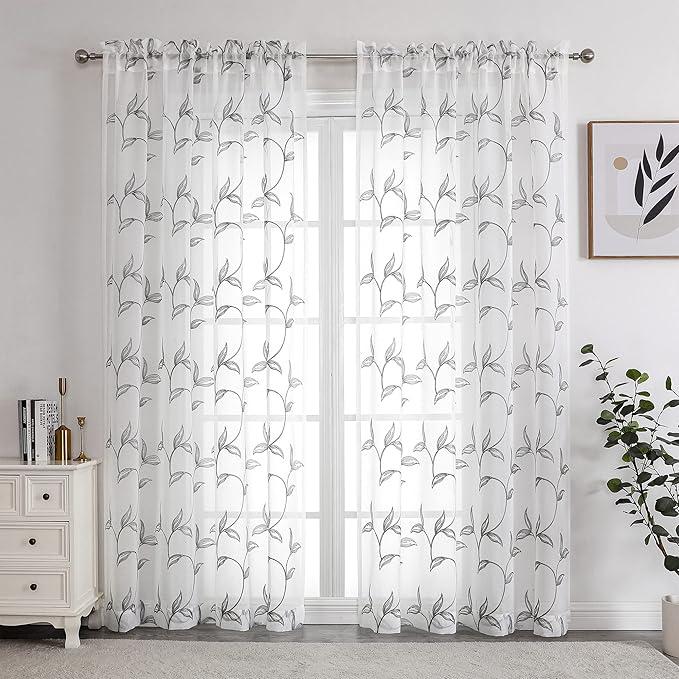 VISIONTEX Sheer Curtains 63 Inch Length 2 Panels, Decor Iron Grey Vine Leaves Embroidery on White Voile Pair, Accent Semi Window Drapes for Kitchen, Living Room and Bedroom, 54" W x 63" L
