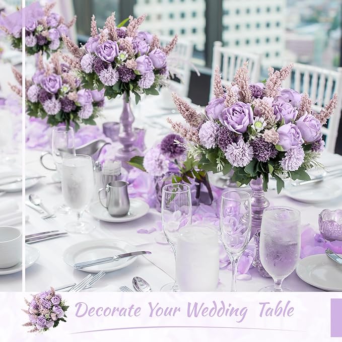 Zeyune 8 Pcs Wedding Silk Flowers Fake Silk Flowers Faux Bouquet Hydrangea Bouquets for Wedding Birthday Party Table Centerpieces Home Decoration (Purple,Rose)