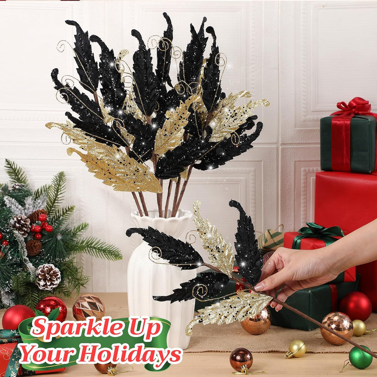 hydren 20 pcs christmas glitter leaves ornaments, gold showing dimensions