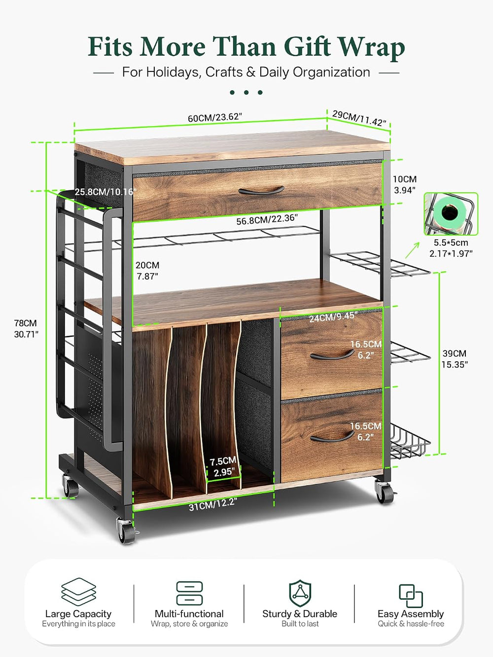 MAX Wrapping Paper Storage Cart, Up to 30 Rolls, Wood Grain