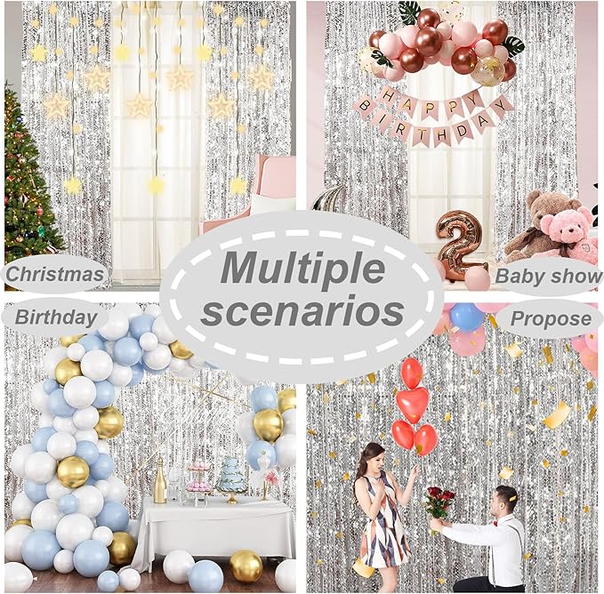 9FTx9FT Silver Big Sequin Backdrop Curtains Panels Drapes Home Party Supplies Sequin Background for Parties Shimmer Wall Backdrop Cloth and Thanksgiving Christmas