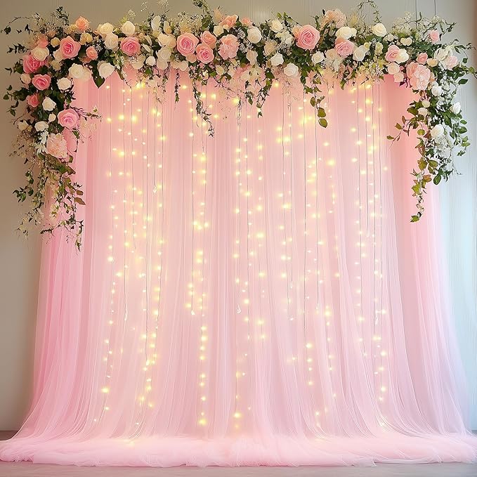 Tulle Backdrop Curtain with Lights String 10FT X 10FT Pink Sheer Tulle Backdrop Curtains for Wedding Birthday Party Reception Photo Booth Background Decorations (2 Panels 5x10FT)