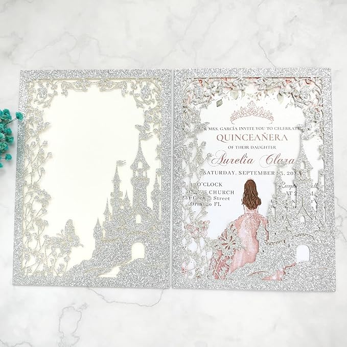 20PCS Castle Pocket Invitations, Quinceanera Invitations with Envelopes, Princess Invitation, Laser Cut quince invites (glitter silver)