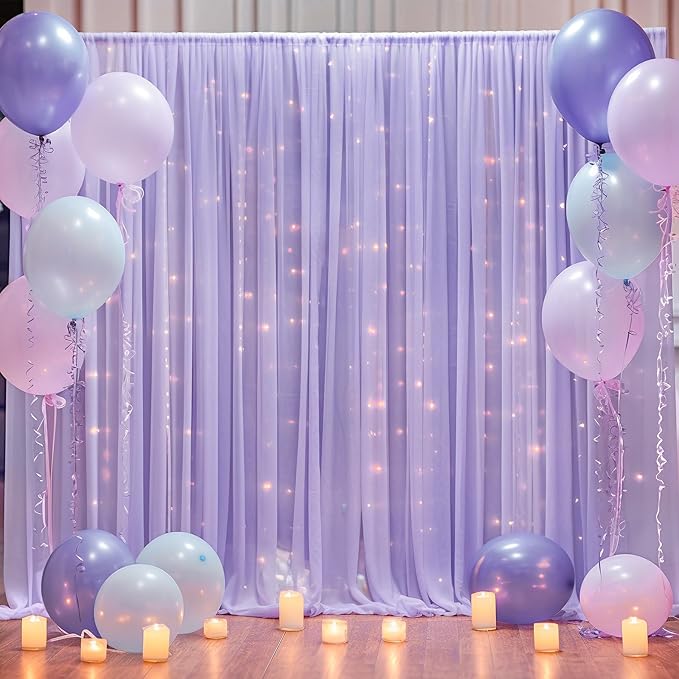 30×10ft Purple Tulle Backdrop Curtain with Lights String for Parties, Sheer Photo Backdrop Curtains for Wedding Party Photography Background