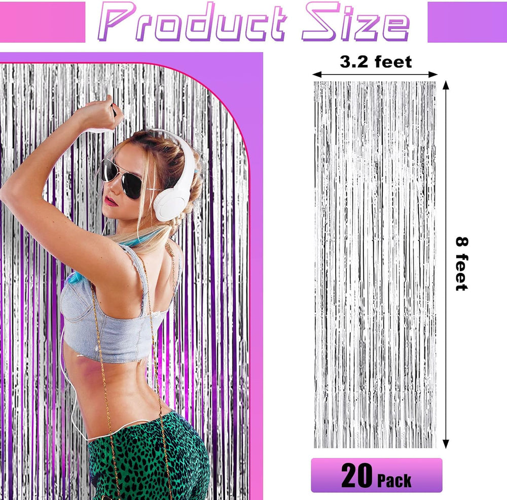 20 Pack Silver Foil Fringe Curtains, 3.28 x 8 FT Metallic Tinsel Backdrop